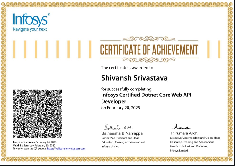 Infosys Certified Dotnet Core Web API Developer